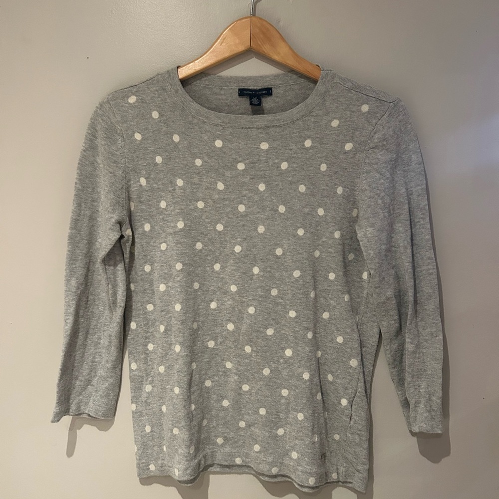 Tommy Hilfiger Gray and White Polka Dot Long Sleeve Top